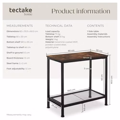 tectake Filton Bedside Table in Black and Brown, W/D/H: 60 x 30.5 x 60.5 cm – 3