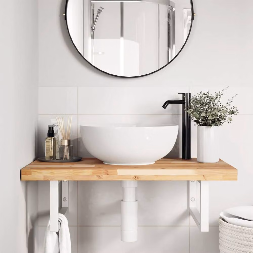 Berkfield Home Wall Mounted Basin Shelf in Brown Acacia Wood and Steel – 2