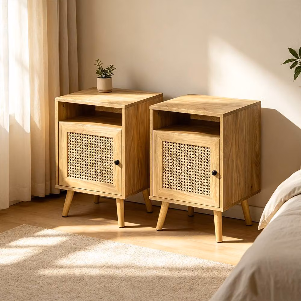 ERGOVEXA Scandinavian Style Bedside Table with Rattan Element in Brown Wood, W/D/H: 35 x 39 x 60 cm – 2