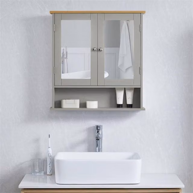 FORGEVIO Modern Grey Wall Mounted 2 Door Mirror Bathroom Cabinet with Internal Shelves – 1