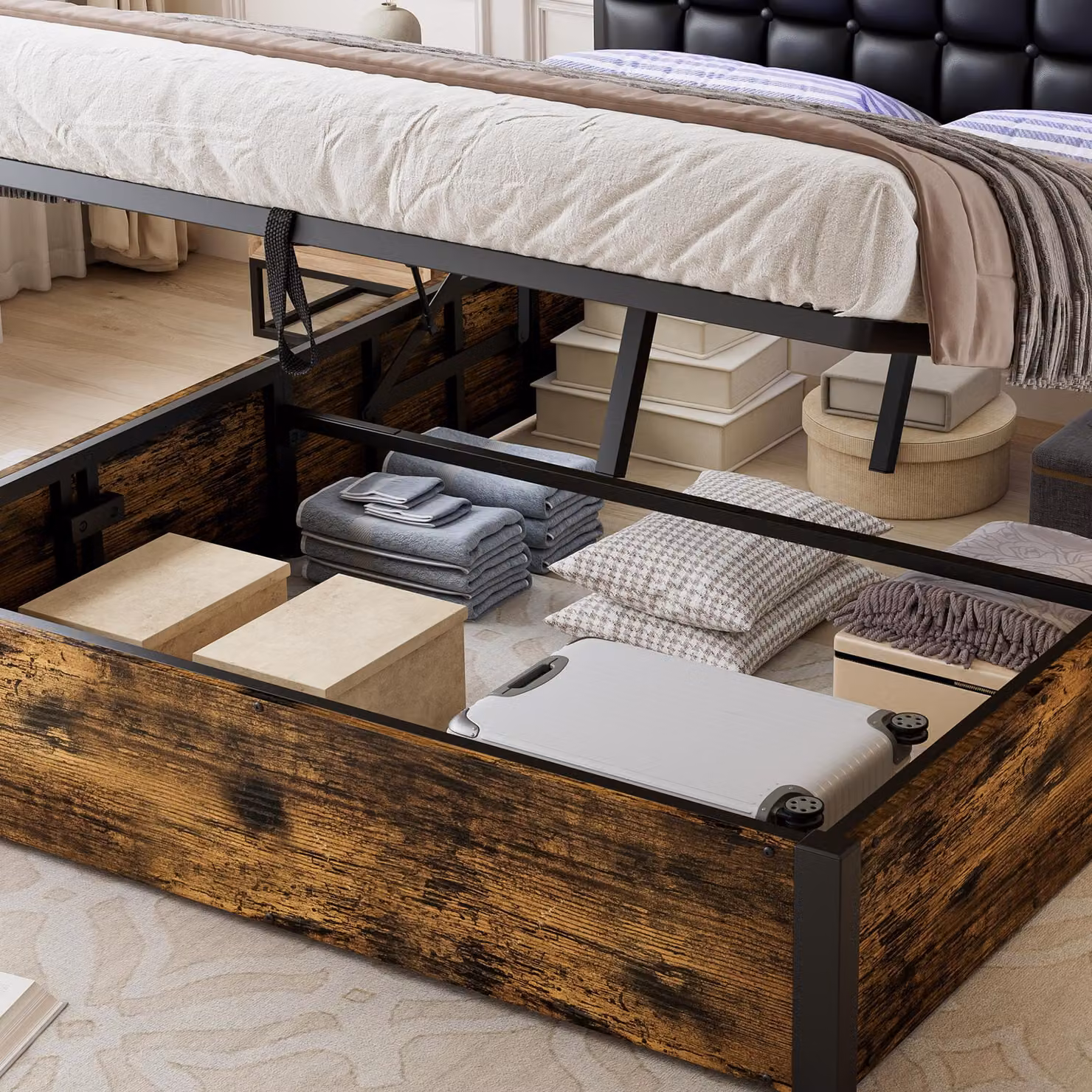 Aosom UK Double Hydraulic Storage Bed with USB Charging Sockets and LED Under-Bed Lighting, Black and Neutral, L: 208 cm, W: 141 cm, H: 107 cm – 7