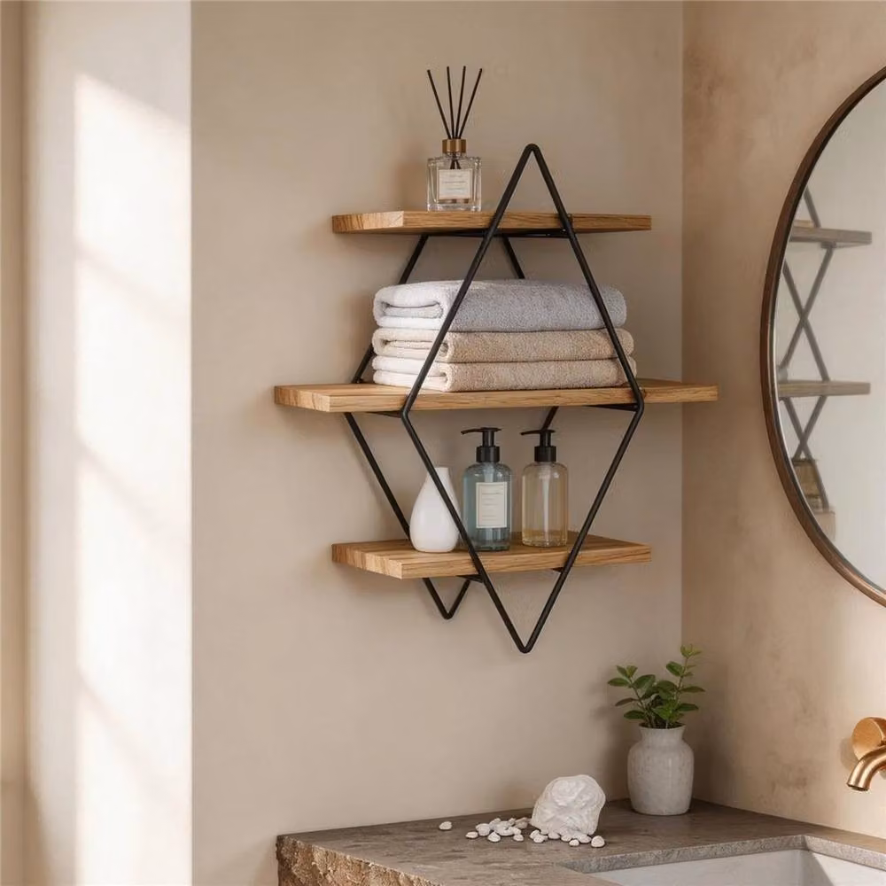 NESTLUNE Brown Metal Floating Wall Shelf with Industrial Geometric Design – 2