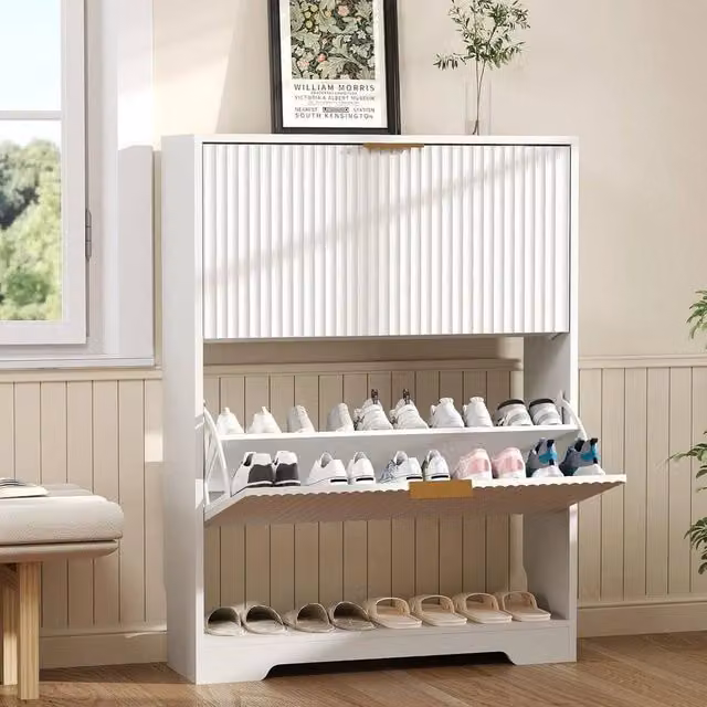 KORVIXA Mid-Century White Shoe Cabinet with Tilting Compartments and Ventilation, W/D/H: 100 x 23.88 x 101.6 cm – 1