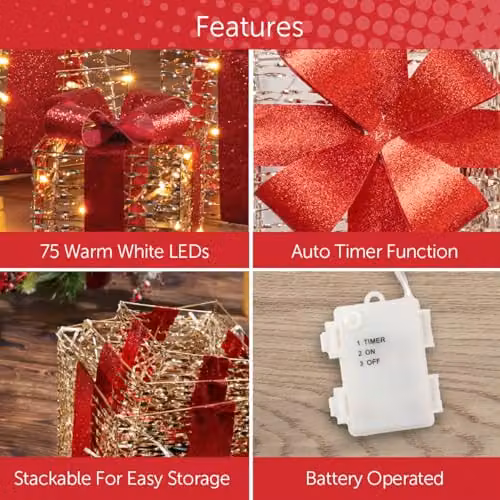 The Christmas Workshop Large Light-Up Gold and Red Gift Box Set of 3 with Warm White LED Lights and Timer Function – 3