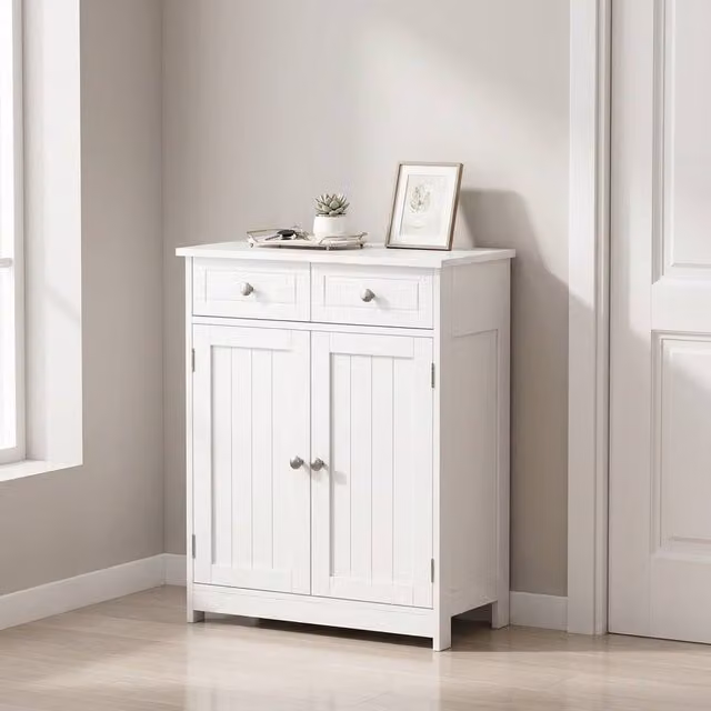 STILVORA White Lacquered Freestanding Bathroom Storage Cabinet with Hinged Doors and Internal Drawers – 1