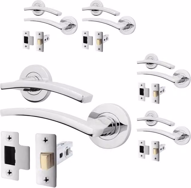 AFIT Polished Chrome Aluminium Door Handle and Latch Set, 5 Pack, Silver – 1