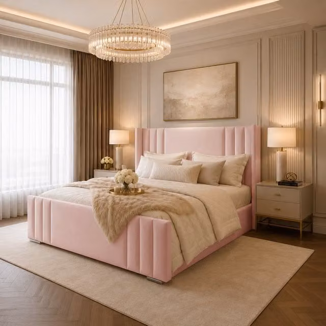 Desire Deco Adriel Luxury Wingback Upholstered Bed Frame in Pink Velvet, 180 x 200 cm