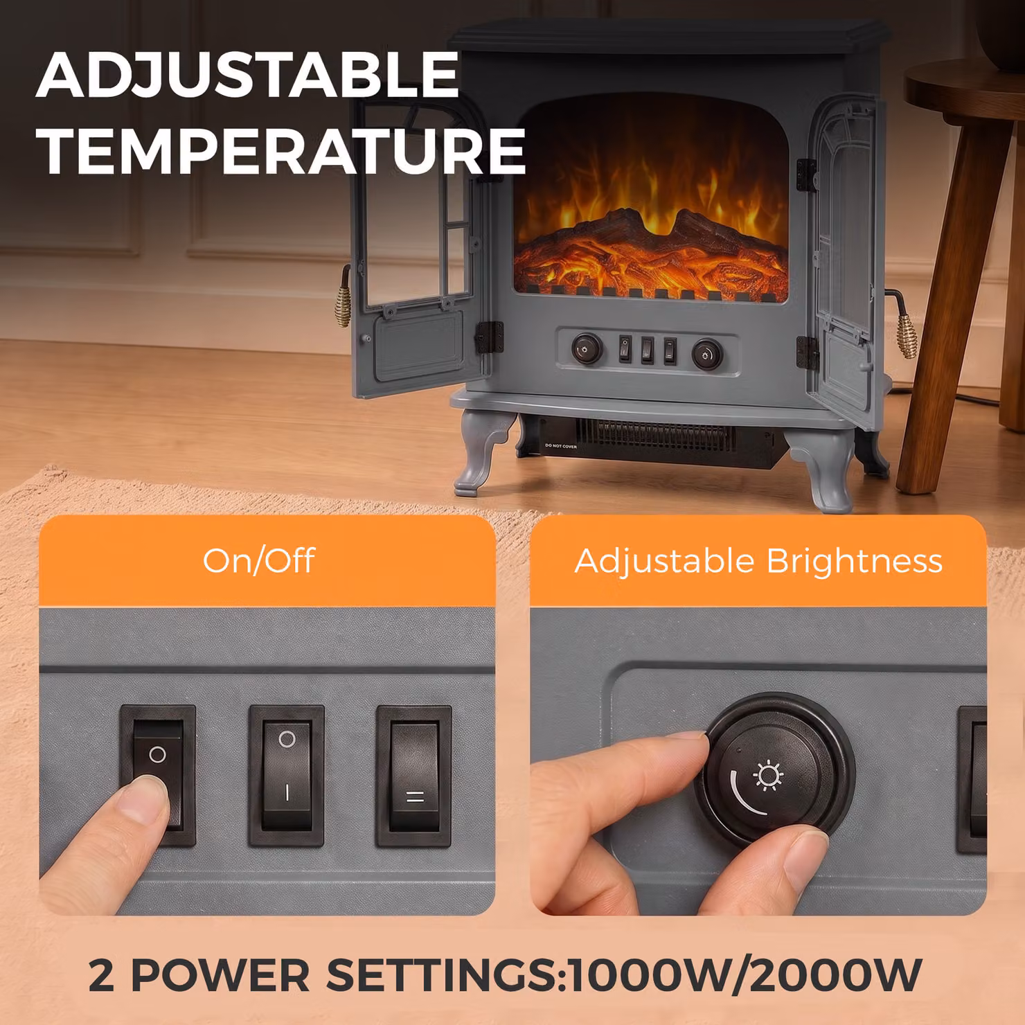 HOMCOM Freestanding Electric Fireplace Stove Heater with LED Flame Effect in Grey – 5