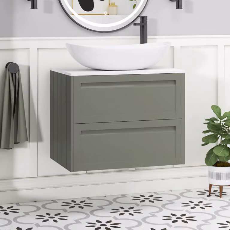 Royal Bathrooms Elmore Matt Green Wall Hung Vanity Unit with 2 Drawers and Cesar Basin, Width: 70 cm
