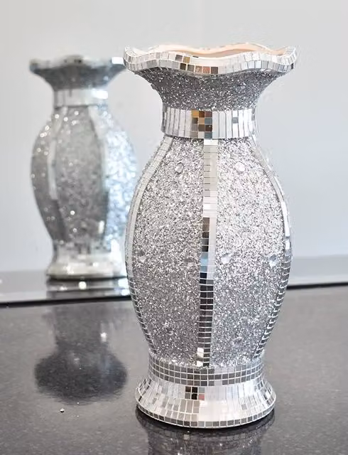 DEENZ Silver Ceramic Mirrored Geometric Flower Vase with Glitter Detail