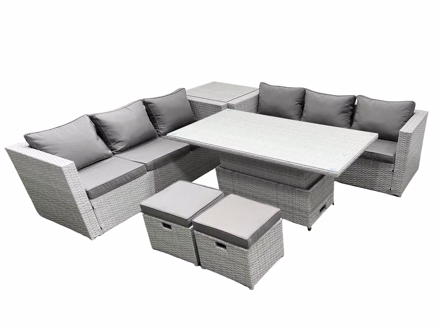 Fimous Rattan Garden Furniture Set in Light Grey with Height Adjustable Glass Top Table, Side Table and Stools – 2