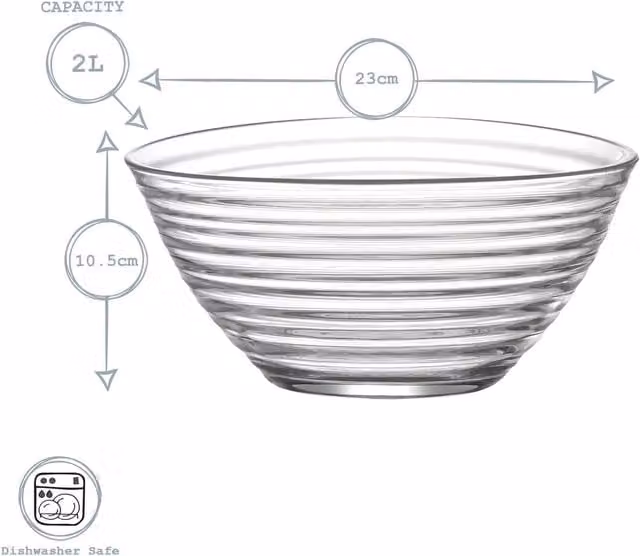 LAV Derin Striped Glass Serving Bowls, Transparent, Pack of 2, Diameter: 23 cm – 1