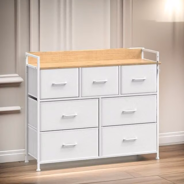 Furnold Industrial White Metal Bedroom Chest with 7 Fabric Drawers