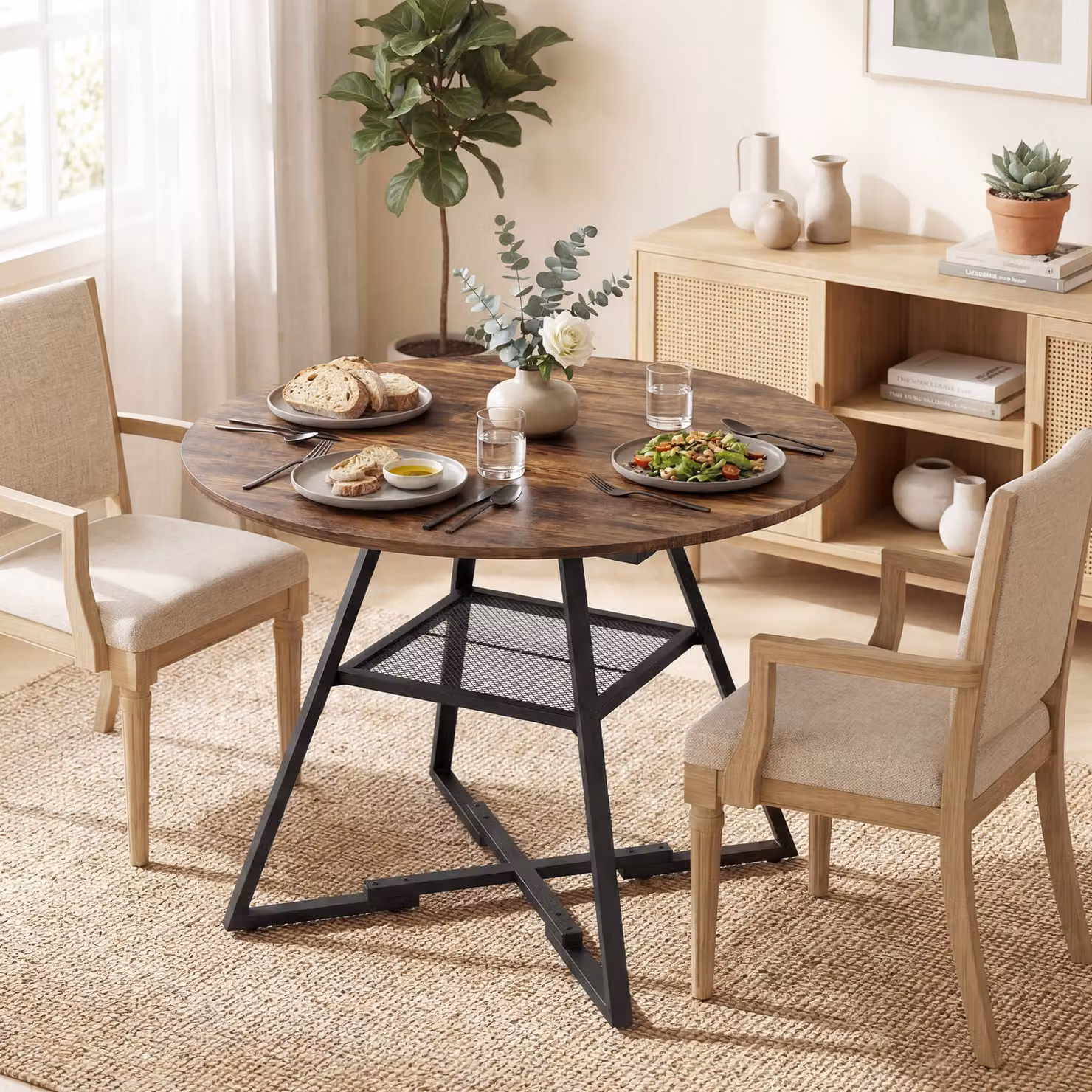 HOMCOM Round Industrial Dining Table for 4 People with Storage Shelf, Rustic Brown and Black – 6