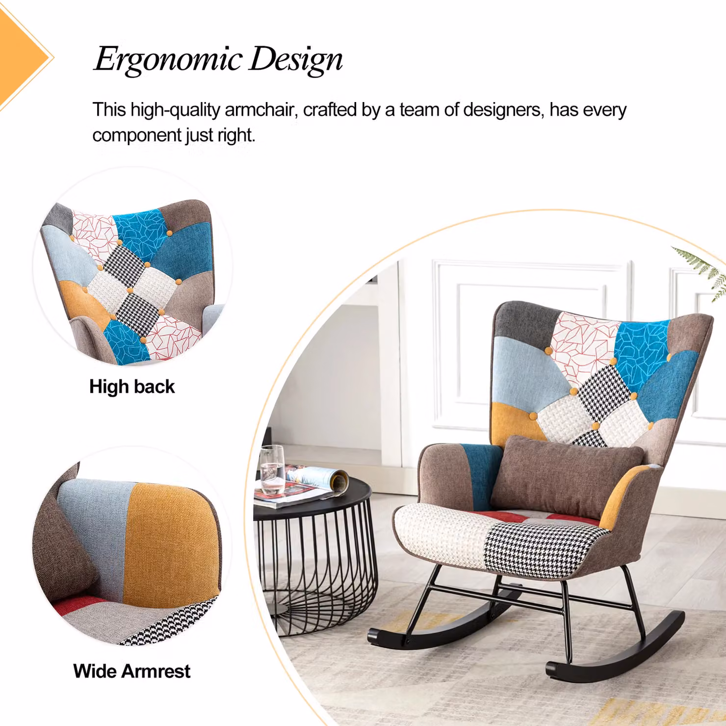 HomeMiYN Patchwork Fabric Rocking Chair with Brown Cushion and Armrests – 3