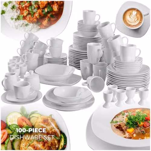 tectake 100-Piece Porcelain Dinner Set for 12 People in White, including Plates, Bowls and Mugs, Dishwasher and Microwave Safe