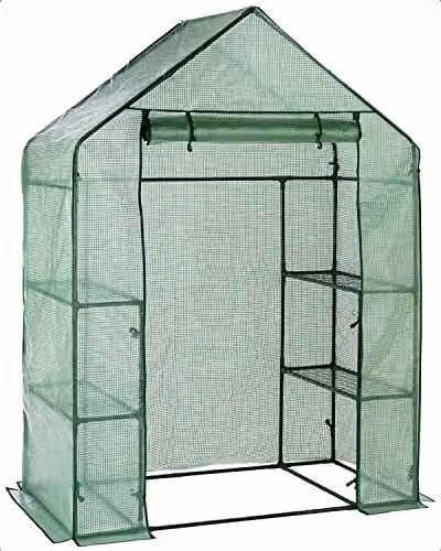 idooka Green Walk-in Greenhouse Grow House with 4 Raised Shelves and Metal Frame