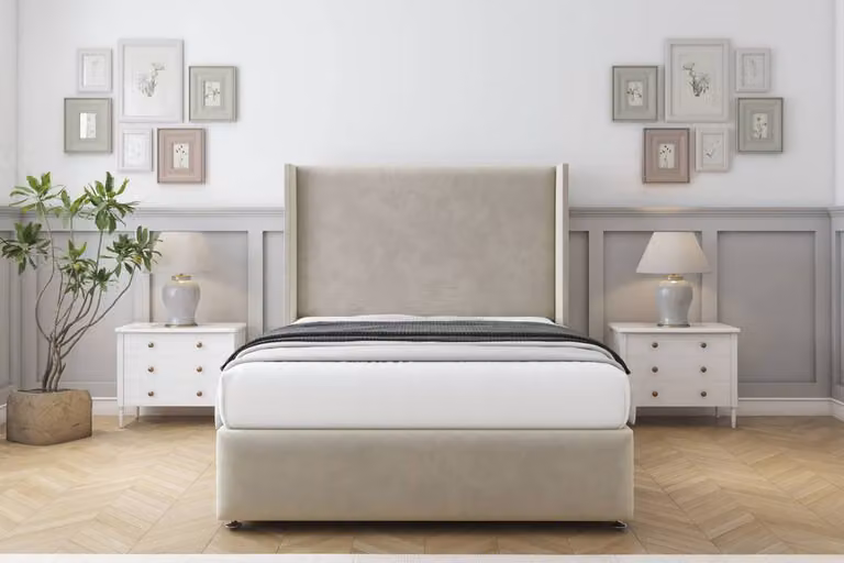 Sloomy Stratford Plush Divan Set in Cream with Wingback Headboard and Footboard, Small Double, W/D/H: 120 x 200 cm