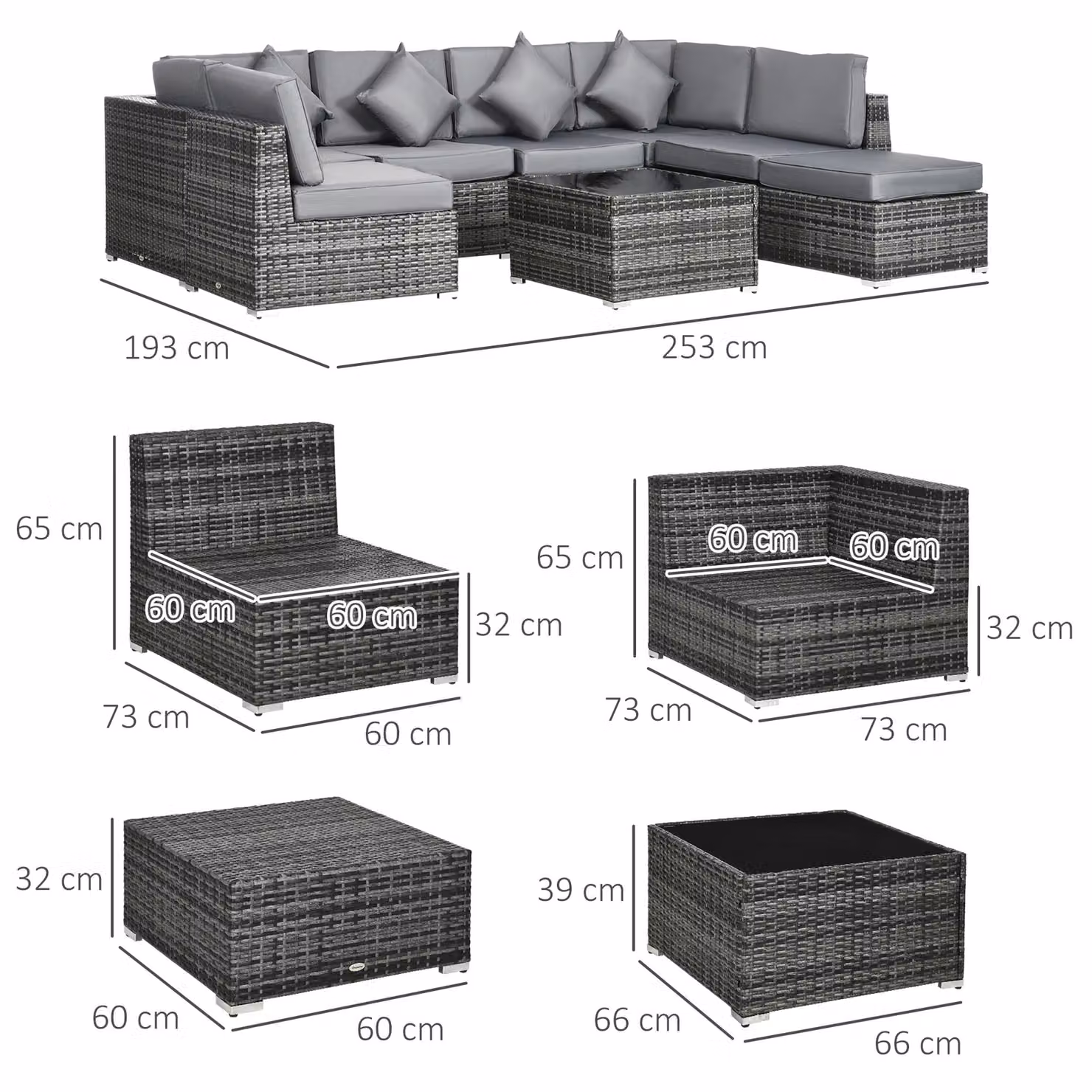 Outsunny 8 Piece Grey Rattan L-Shape Garden Furniture Set with Upholstered Cushions, Ottoman and Coffee Table – 3