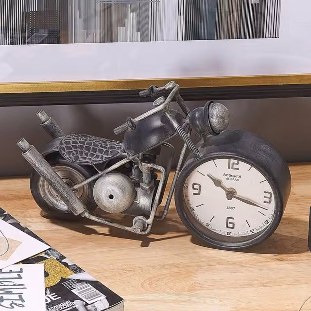 Wyld and Coco Motorcycle Analog Tabletop Clock in Black and Silver