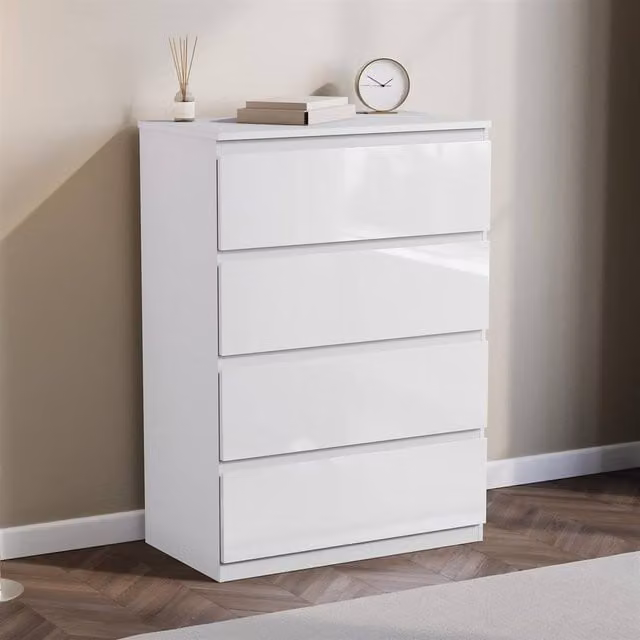 Kelvenix White Modern Gloss 4 Drawer Bedside Chest of Drawers