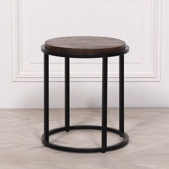 Glasstone Industrial Round Occasional Table with Black Metal Frame and Chocolate Wood Top – 1
