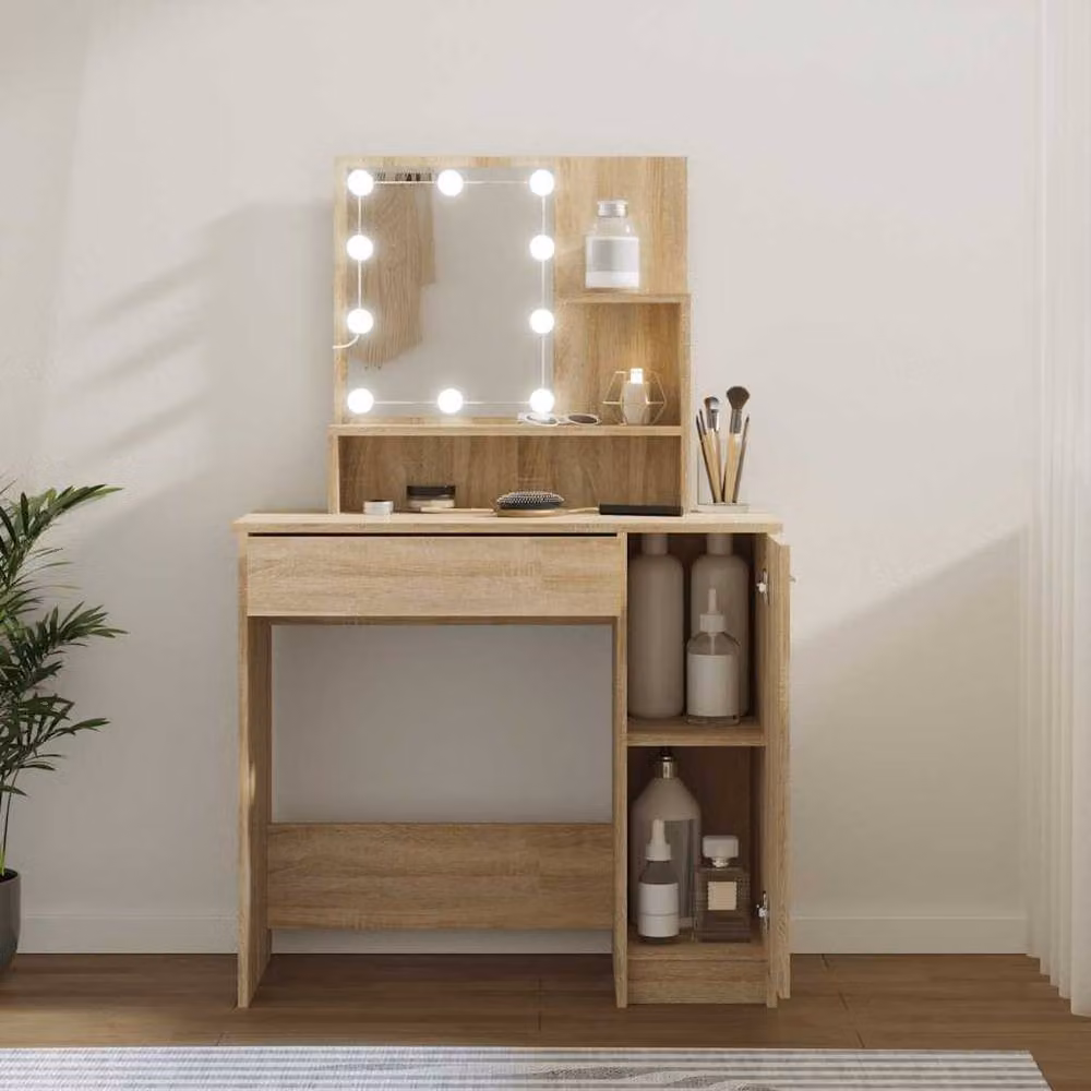 Berkfield Home Sonoma Oak Dressing Table with Hollywood LED in Light Tan, W: 86.5 cm, D: 35 cm, H: 136 cm – 2