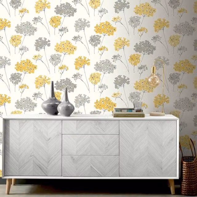 Arthouse Modern Floral Botanical Wallpaper in Yellow, Grey, Silver and White