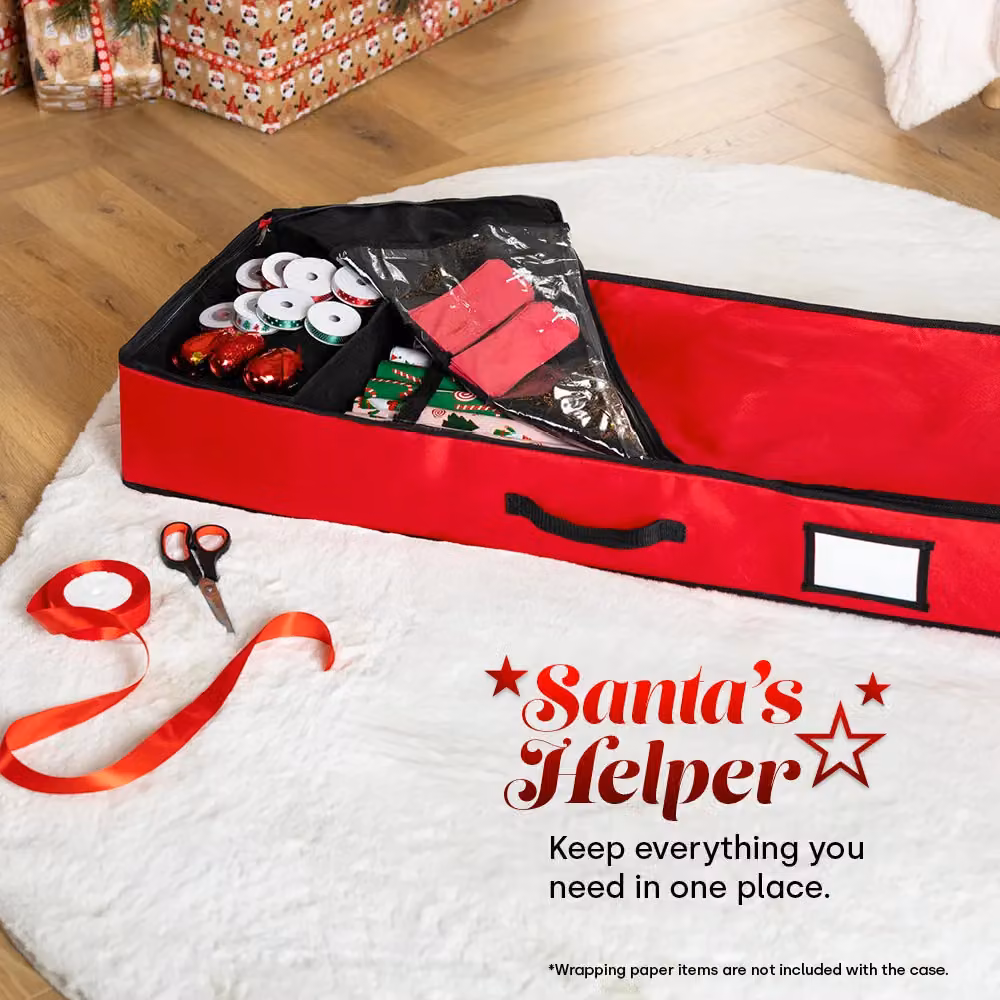 Christmas Village Premium Fabric Wrapping Paper Storage Bag with 2 Pouches in Red and Grey – 4