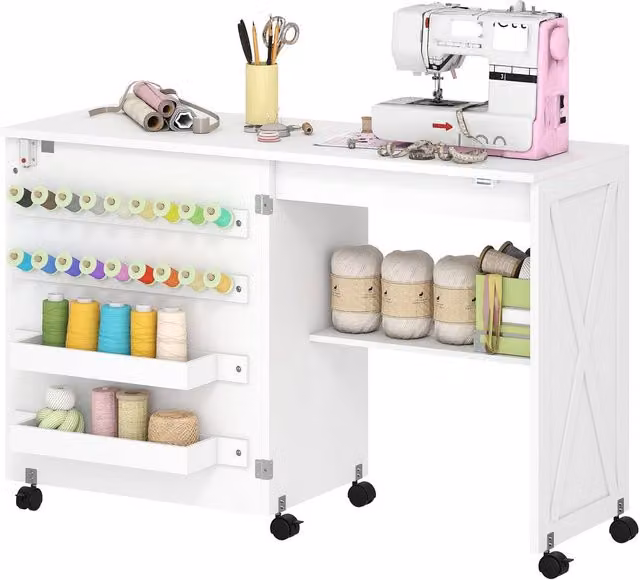 HOMCOM Folding Sewing and Craft Table with Storage Compartments and Castors, White