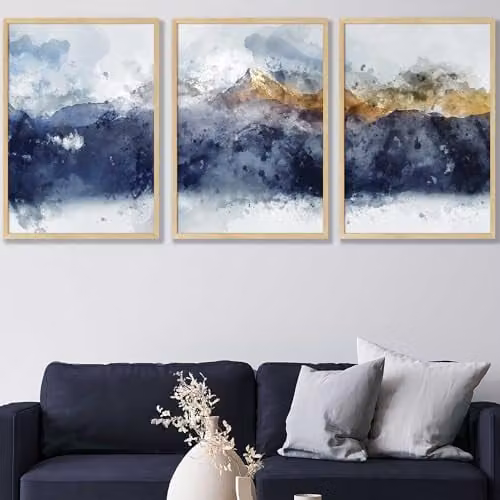 ARTZE Set of 3 Abstract Blue and Yellow Mountain Landscape Paper Posters, W: 42 cm x H: 59 cm – 1