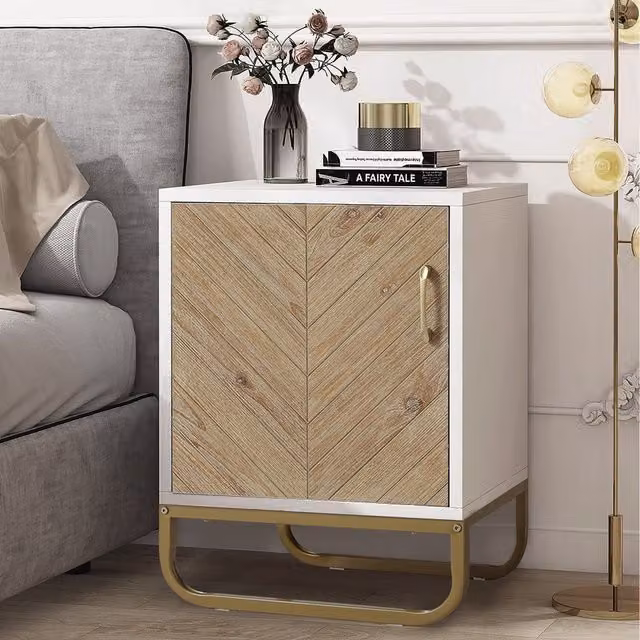 Livingandhome Modern White Wooden Side Storage Cabinet with Internal Shelves and Hinged Doors