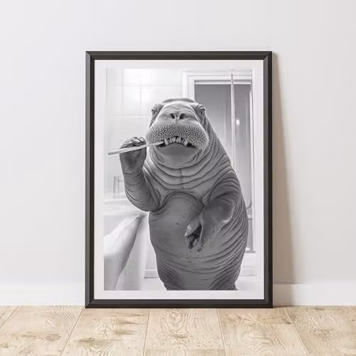 60 Second Makeover Walrus Brushing Teeth Animal Print Paper Poster, A3, Black, White and Grey
