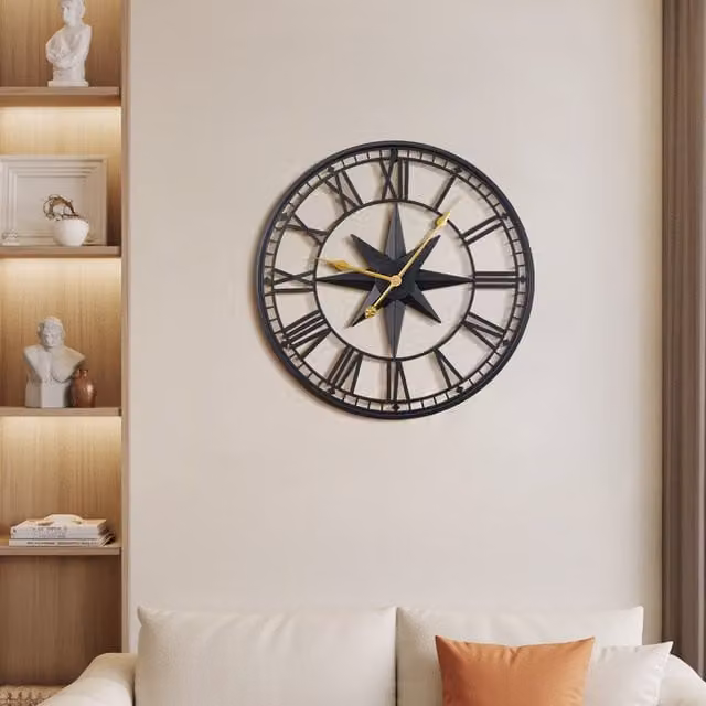 Komore Retro Metal Round Wall Clock with Roman Numerals in Black and Gold, Diameter: 60 cm