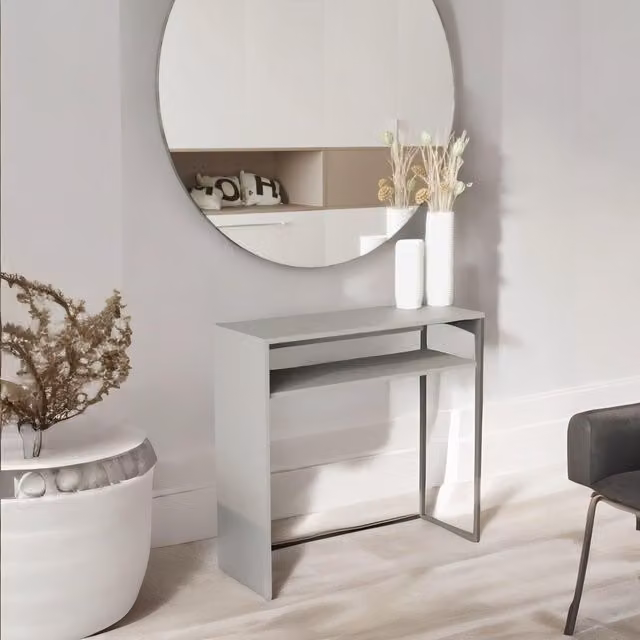 Pirlo Plush 2 Tier Grey Console Table with Steel Frame and Wood Tiers – 1