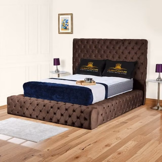 UK Bed Furniture Ambassador Ottoman Gas Lift Upholstered Velvet Bed in Brown, Size: Double (140 x 200 cm)