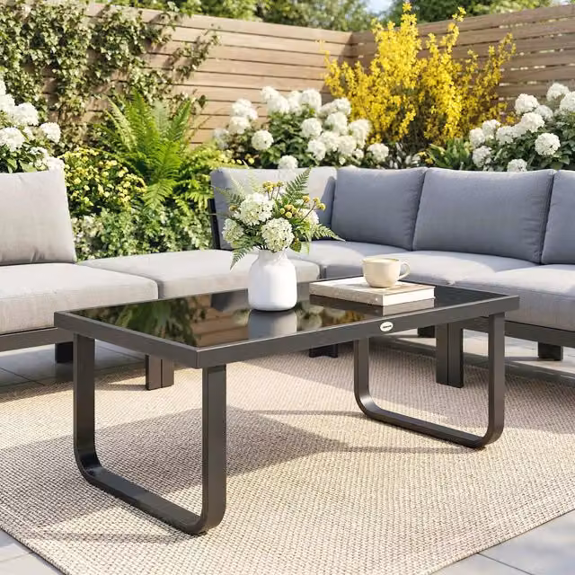 Outsunny Modern Garden Coffee Table with Glass Top, Black