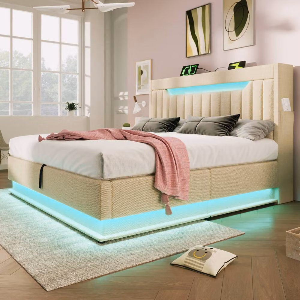 Rolipo Beige Linen Upholstered Bed with LED Lighting, USB Charging Port and Hydraulic Storage, W/D/H: 150 x 200 cm – 9