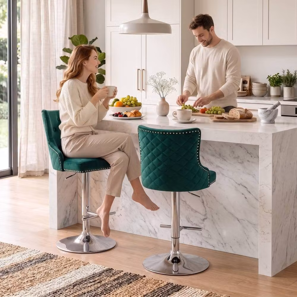 HOMCOM Set of 2 Swivel Velvet Bar Stools with Footrest in Dark Green – 2