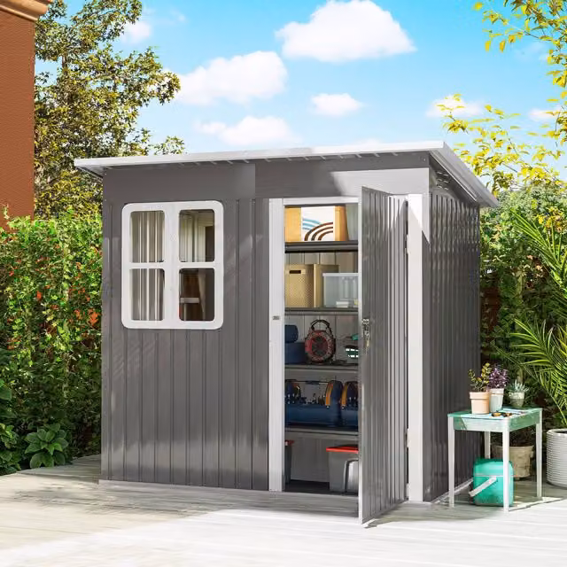 OUTSUNNY Galvanised Steel Garden Shed with Foundation Kit, Dark Grey – 1