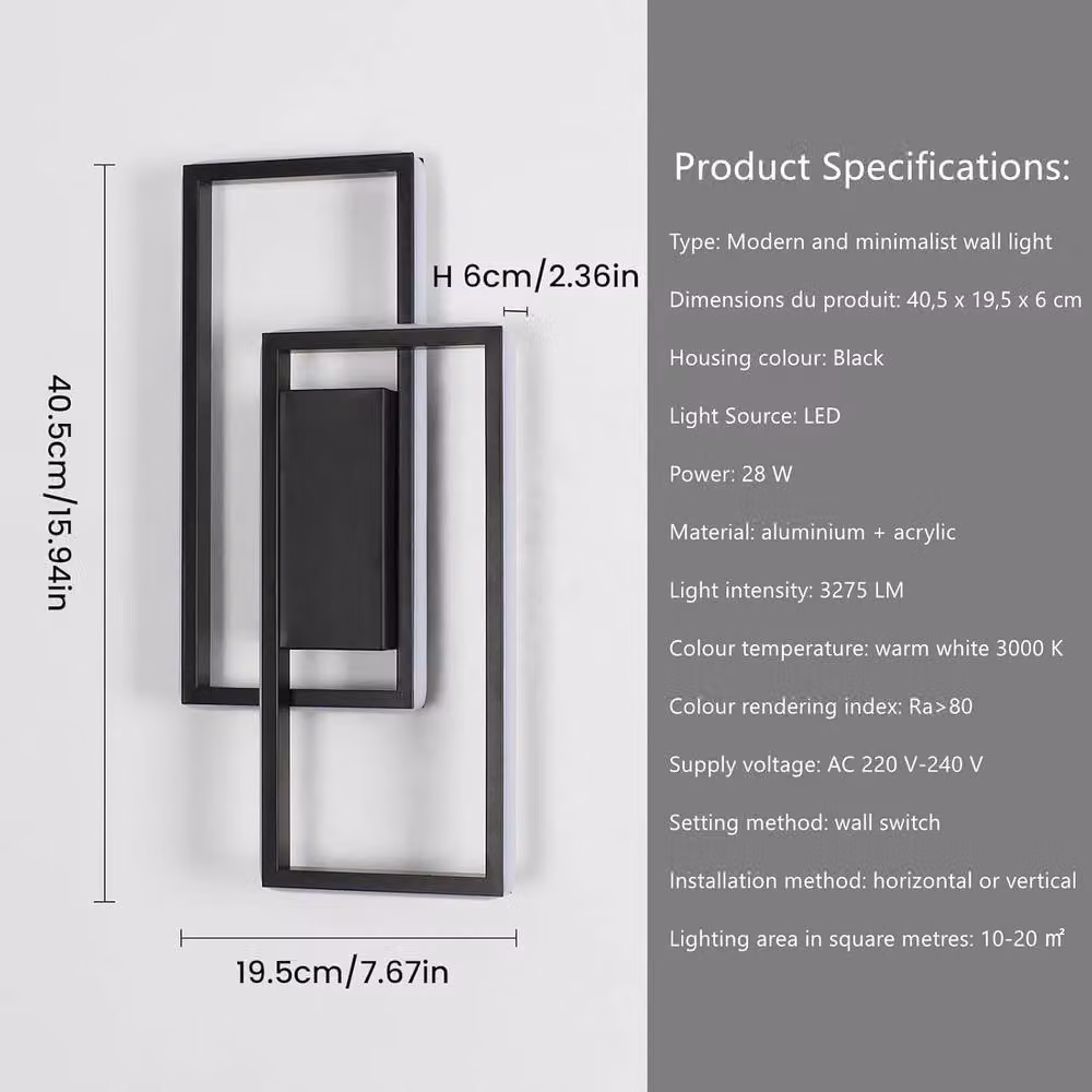 Pheashine Black Double-Frame LED Wall Sconce, 28W Warm White 3000K, W/D/H: 40.5 x 19.5 x 19.5 cm – 3