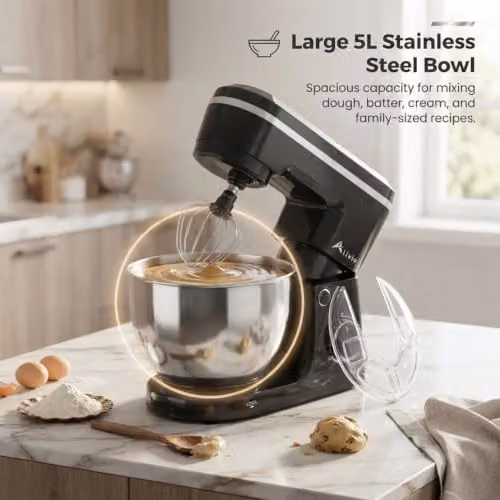 Alivio 1500W Heavy Duty Stand Mixer with 5L Stainless Steel Bowl, 10+ Speed Control, Black – 3