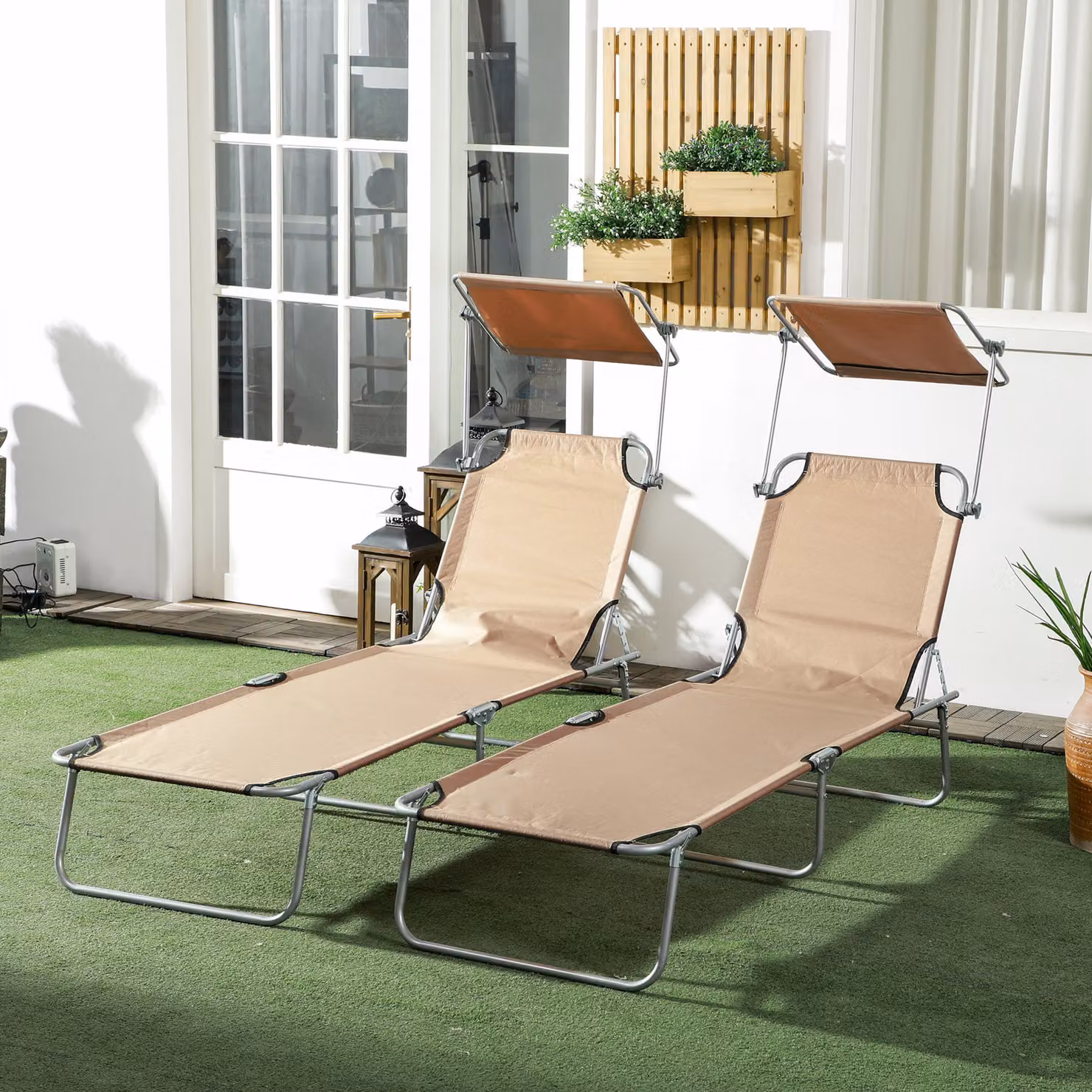 Outsunny Set of 2 Foldable Sun Loungers with Sun Canopy and Adjustable Backrest in Brown and Beige – 2