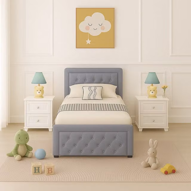 Home Treats Grey Upholstered Single Ottoman Bed Frame with Hybrid Mattress, W/D/H: 90 x 200 cm
