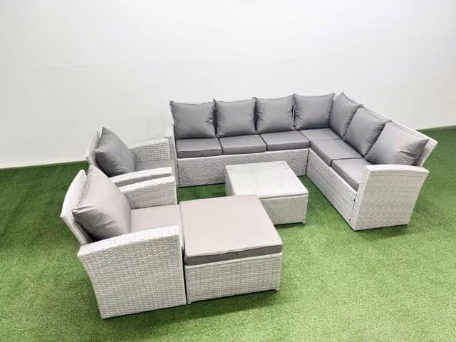 Fimous 9 Seater Rattan Garden Furniture Set in Light Grey