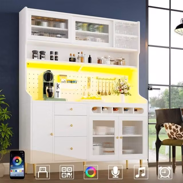 ModernLuxe Minimalist Kitchen Tall Unit in White with Glass Doors, Integrated Lighting and Internal Drawers, H 188 x W 40 x D 40 cm