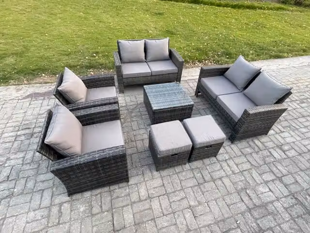 Fimous Rattan Garden Furniture Set in Dark Grey with Double Seater Sofa, Square Coffee Table and Two Ottomans