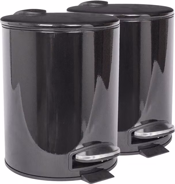 Harbour Housewares Pack of 2 Round Stainless Steel Pedal Bins with Removable Inner Buckets, Black, 5L