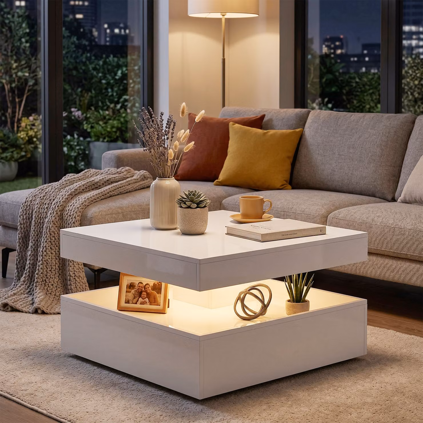 HOMCOM Modern LED Coffee Table with Storage and Open Shelf in High Gloss White – 2