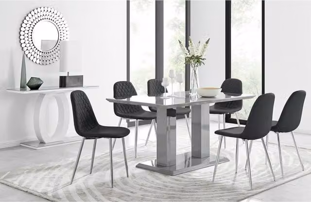 FurnitureboxUK Imperia Grey Rectangular Glass Dining Table and 6 Corona Silver Leg Chairs in Black